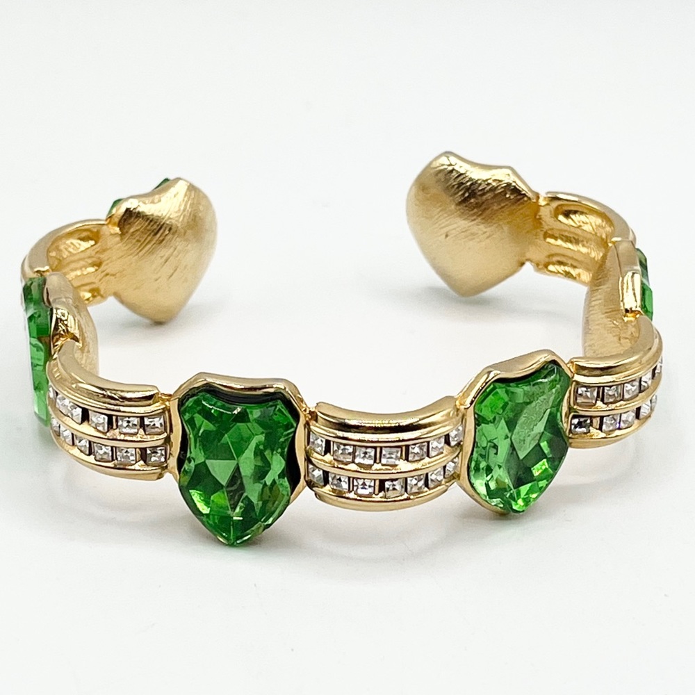 Vintage Green Glass Rhinestone Shield Cuff Bracelet